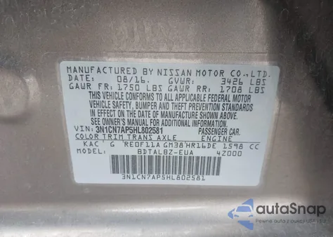 2017 Nissan Versa 1.6 Sv из США, поврежденный, VIN 3N1CN7AP5HL802581